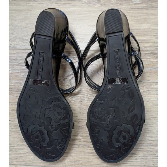 Etienne Aigner Sandals 8W Black Patent Leather Slingback T-Strap Wedge Heel - Picture 7 of 12